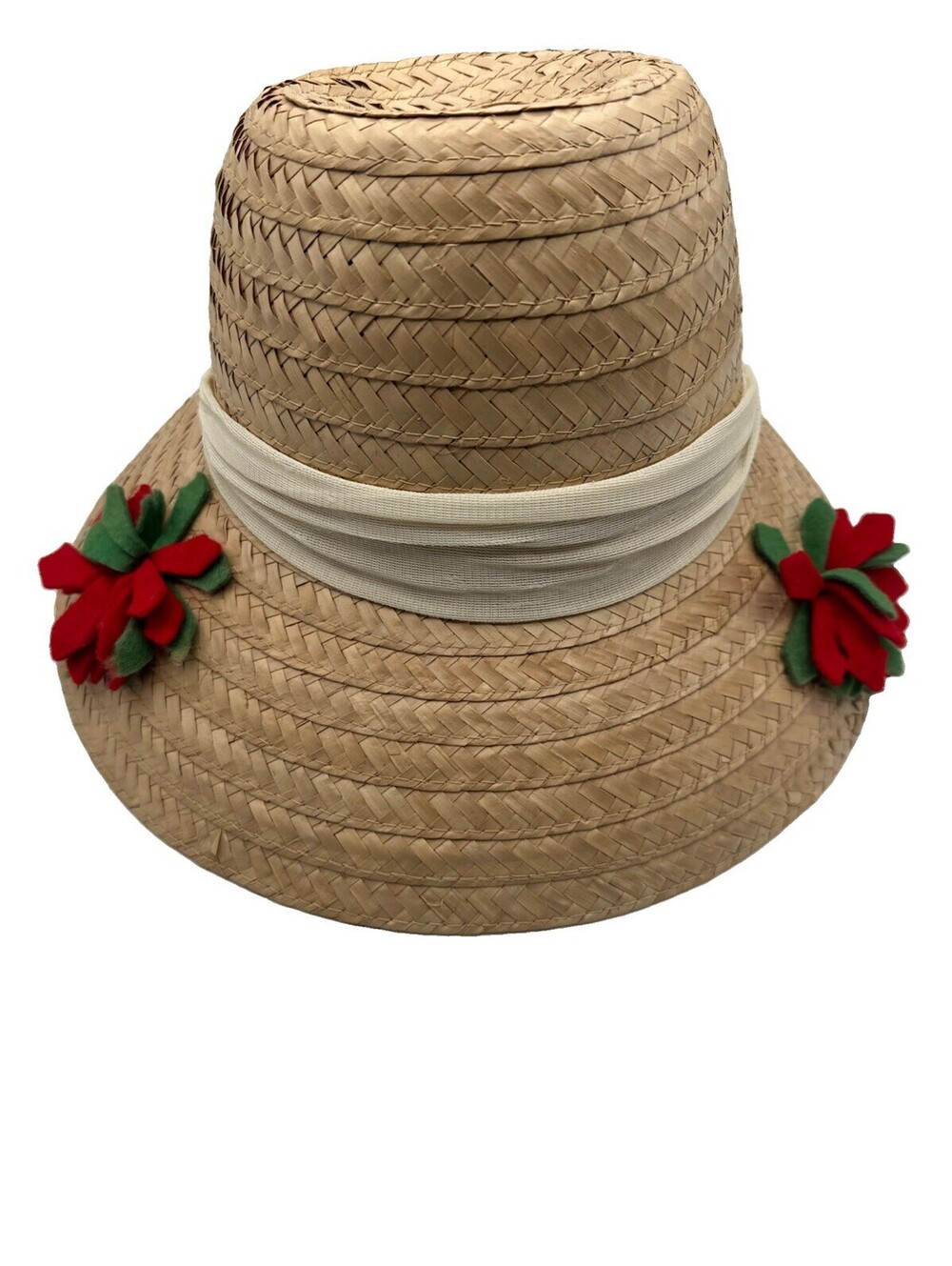 Vintage straw Garden hat Fabric scarf 40s chin strap Flowers Boating brim Bug